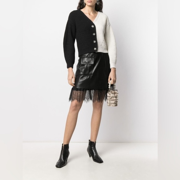 Self-Portrait Two Tone Button-up Cardigan Black/White - Picture 2 of 5